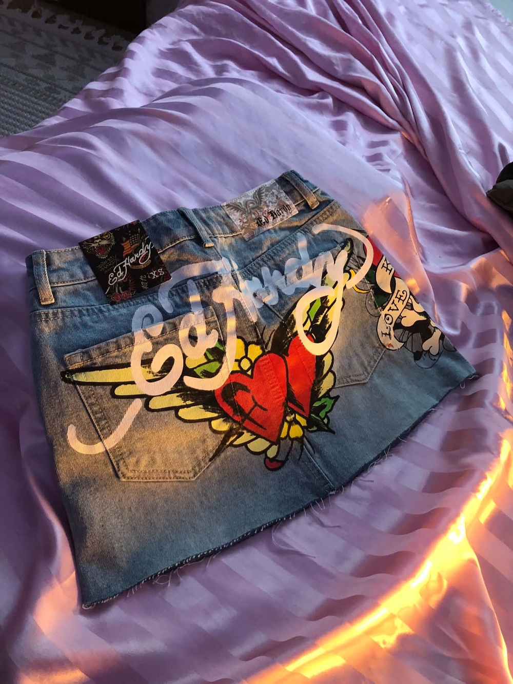 Ed Hardy Light Blue Denim Mini Skirt with Red Heart and Multicolor Wings